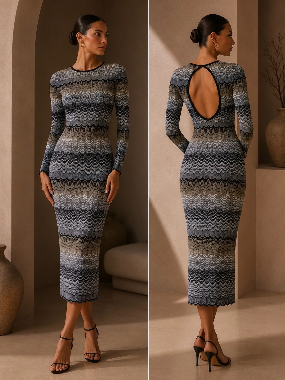 Monte Vea Chevron Knit Open Back Midi Dress S,M